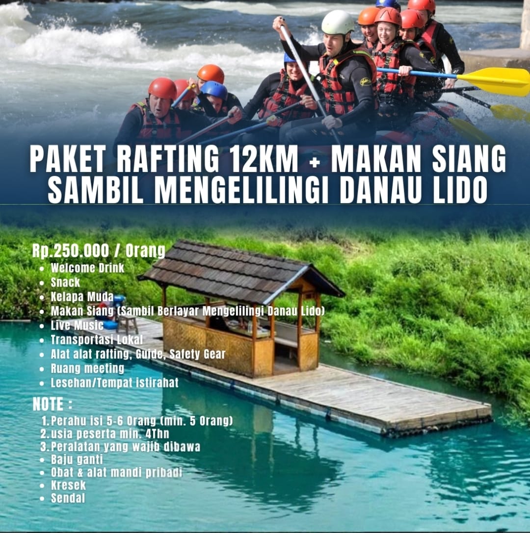Paket rafting 12 km dan makan siang sambil mengelilingi Danau Lido